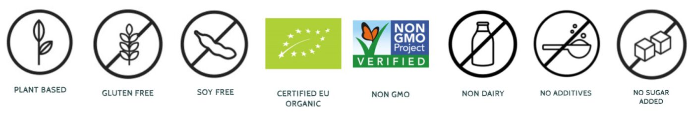 plant based non dairy no additives vegan friendly no sugar added gluten free soy free non GMO certified organic EU Treasure superfoodsHEALTHPLATZ ICONS