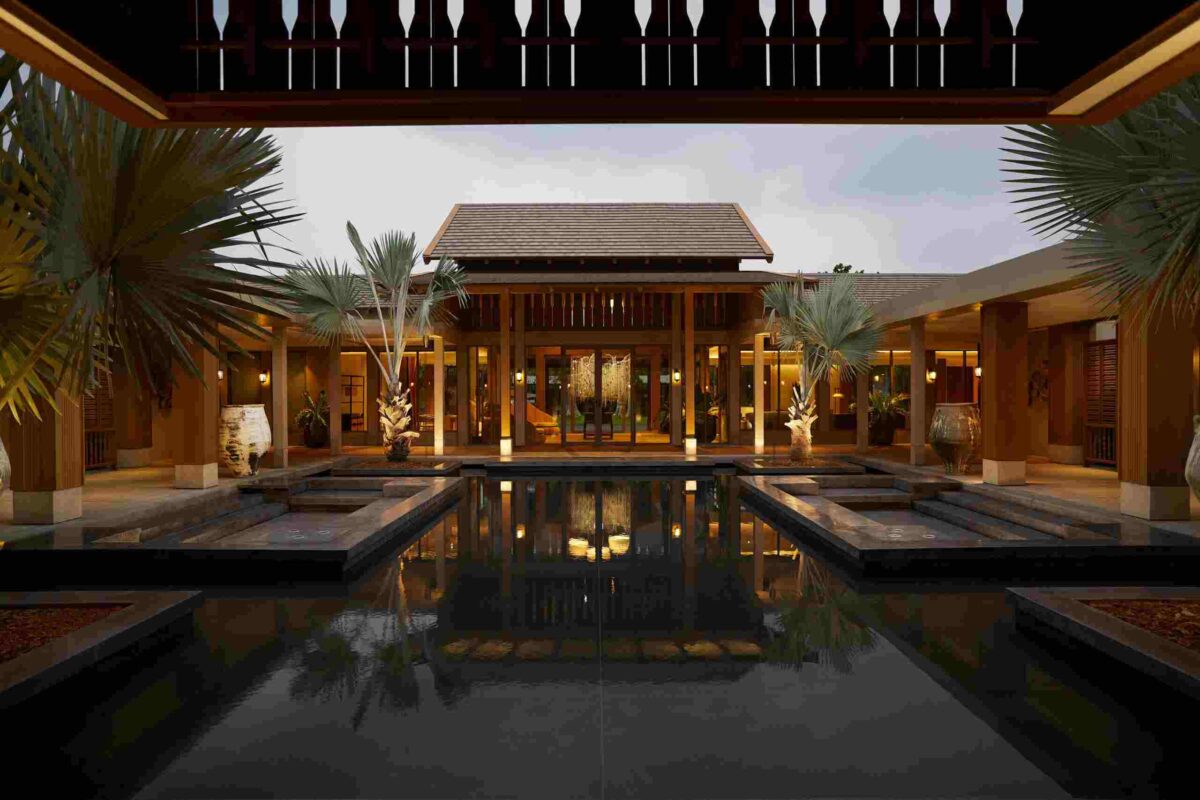The central pavilion and reflecting pools at RAKxa Integrative Wellness, Bang Krachao, Bangkok