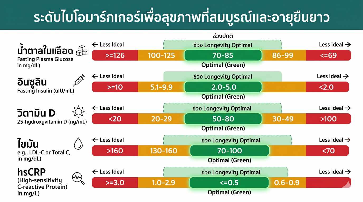 ตารางเปรียบเทียบช่วงปกติ vs ช่วงที่เหมาะสมที่สุดของไบโอมาร์กเกอร์เพื่ออายุยืน