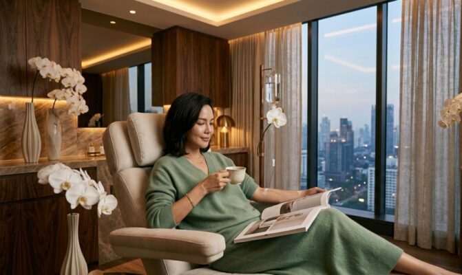 Thai lady receiving NAD+ drip in a wellness clinic bangkok