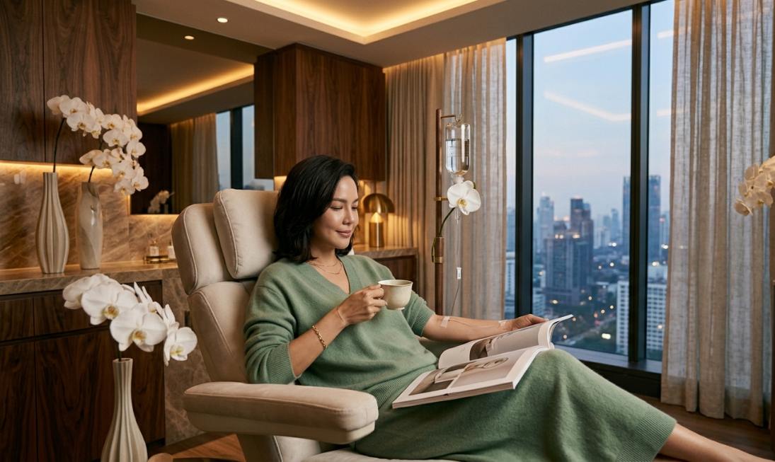 Thai lady receiving NAD+ drip in a wellness clinic bangkok