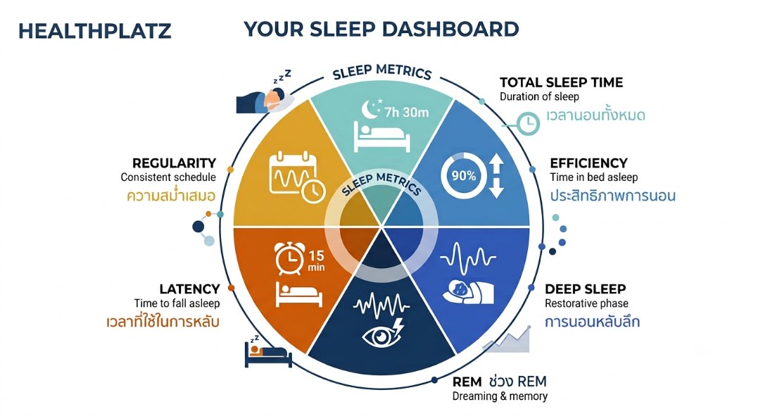 แผนภาพ Sleep Score Decoder อธิบายตัวชี้วัดคะแนนการนอนหลับ 6 ตัว โดย Healthplatz Sleep Optimization Framework