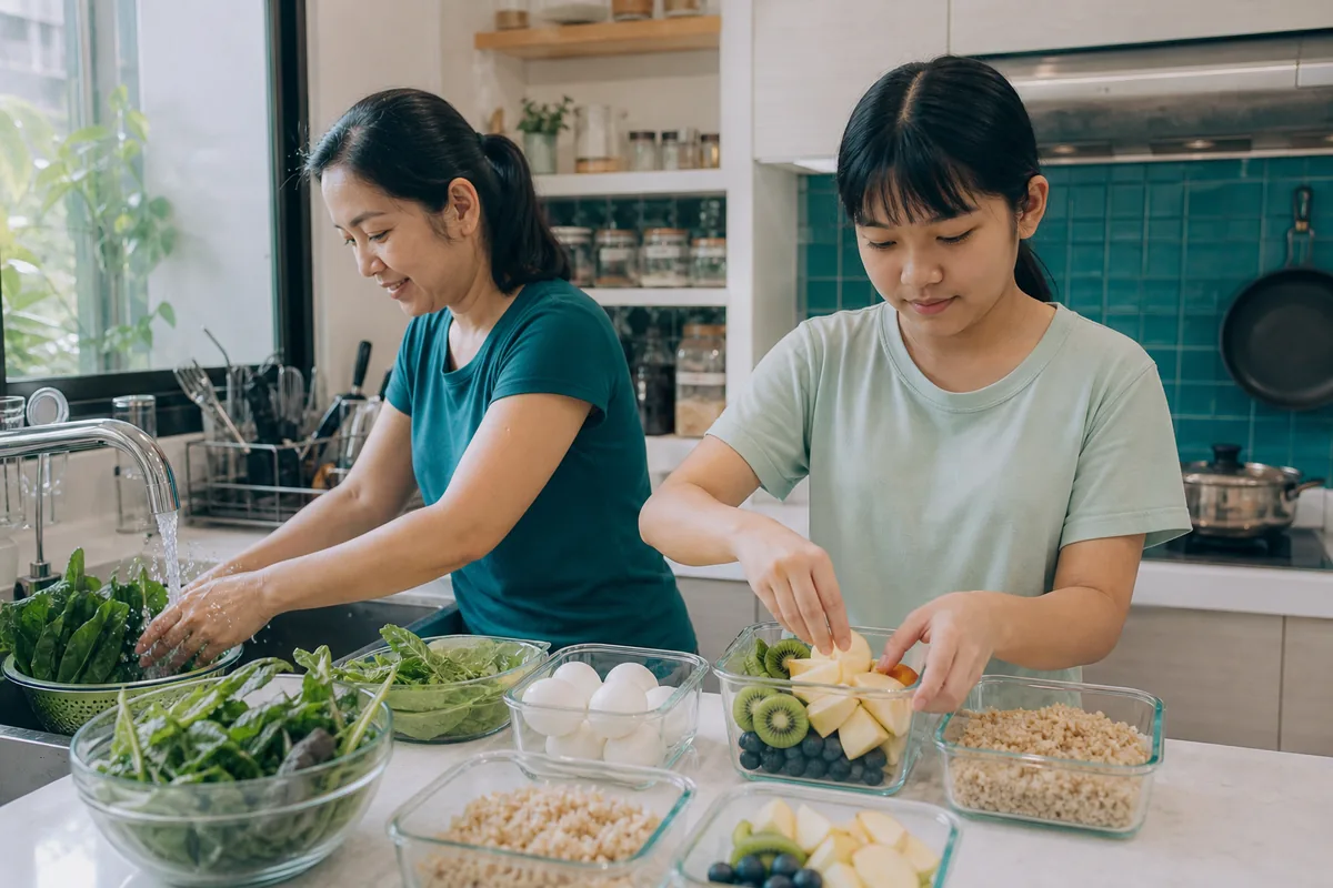 คุณแม่และลูกสาวชาวไทยช่วยกันเตรียมผัก ผลไม้ ไข่ และข้าวกล้องสำหรับทั้งสัปดาห์