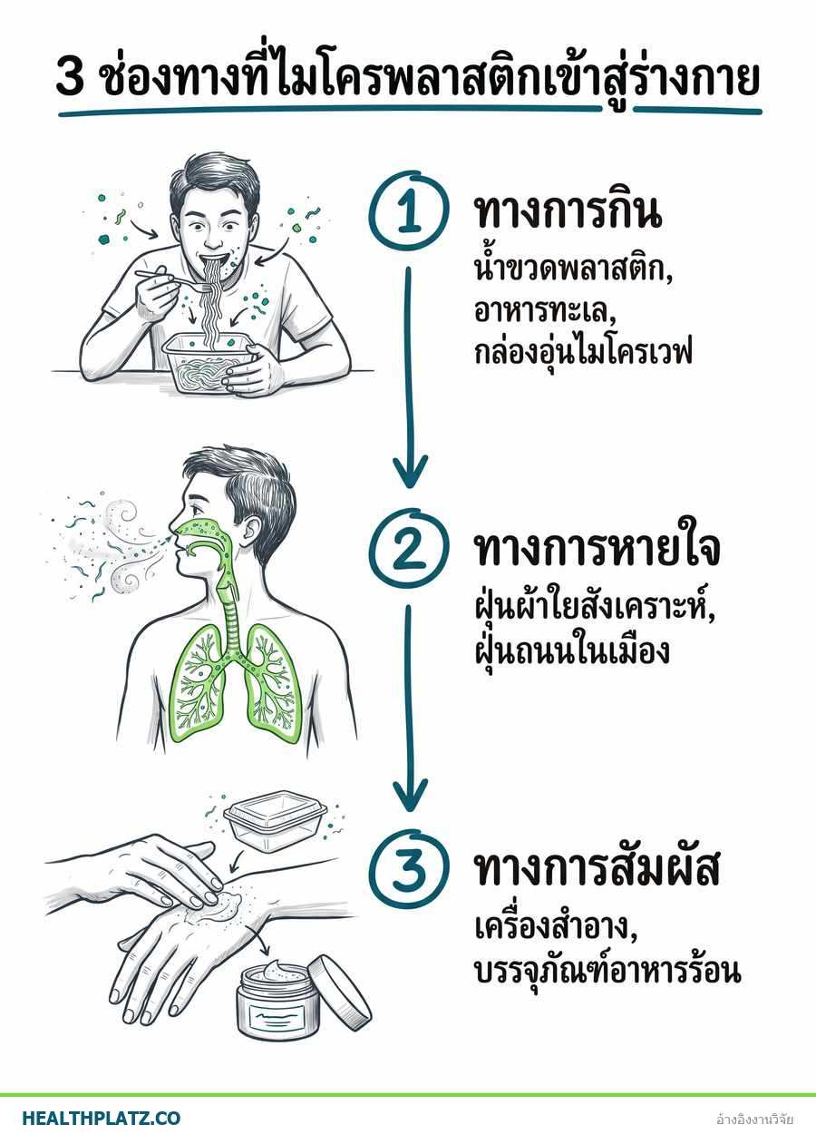 อินโฟกราฟิก 3 ช่องทางที่ไมโครพลาสติกเข้าสู่ร่างกาย: ทางการกิน ทางการหายใจ ทางการสัมผัส พร้อมภาพประกอบลายเส้นมือวาด